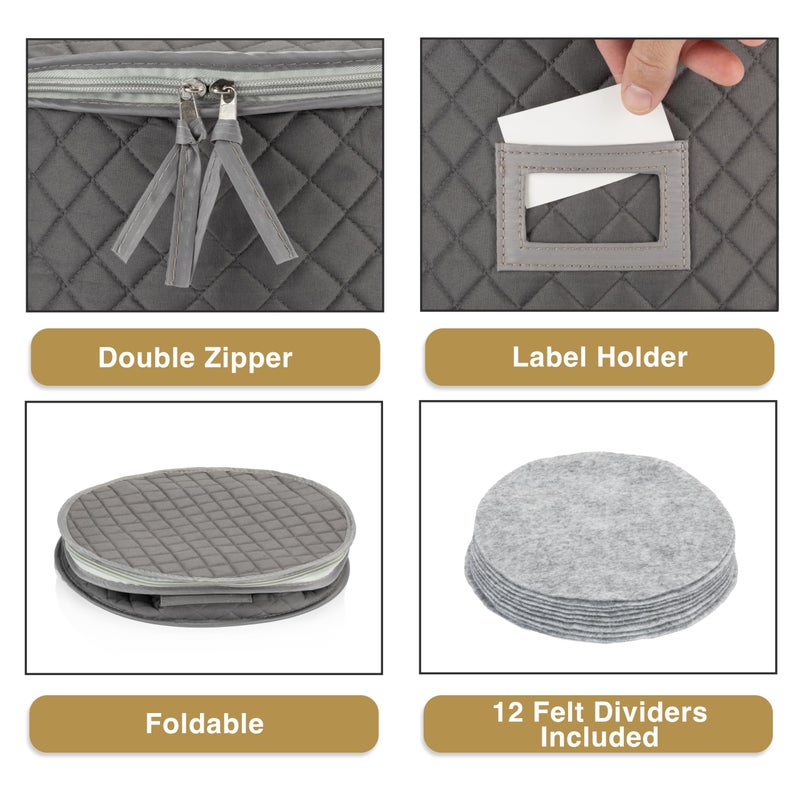 StackStorePlusMore Stack Store Plus More China Storage Quilted Case for Dessert Plate, Bowls, Small Plate or Saucer - 8" W x 6" H - Gray - Includes 12 Felt Separators - Image 3
